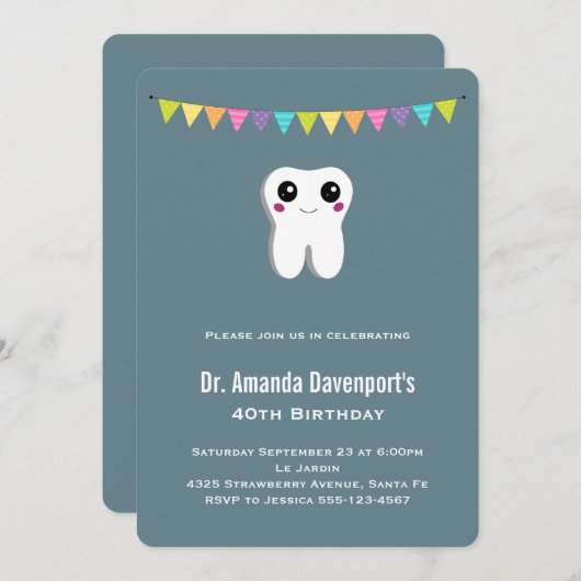 ハッピーデンタル歯が微笑むかわいい誕生日 招待状 (正面/裏面)