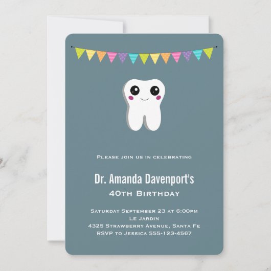 ハッピーデンタル歯が微笑むかわいい誕生日 招待状 (正面)