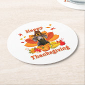 ハッピードシュント犬のオーナーターキーサンクスギビング ラウンドペーパーコースター (アングル)