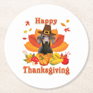 ハッピードシュント犬のオーナーターキーサンクスギビング ラウンドペーパーコースター