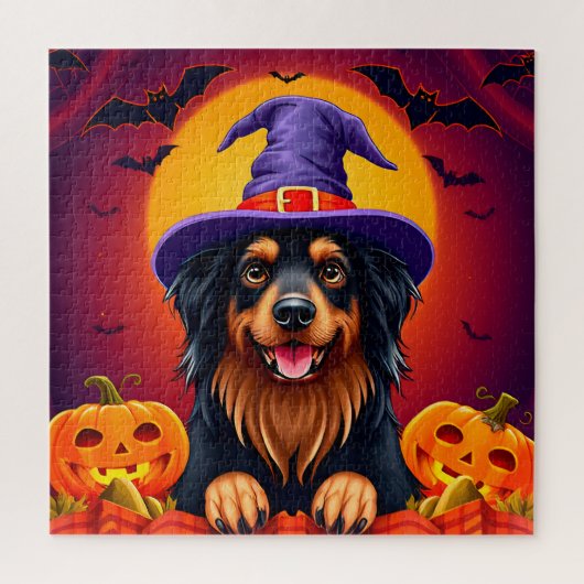 ハッピードッグの秋のハロウィンお祝いシーン ジグソーパズル (縦)