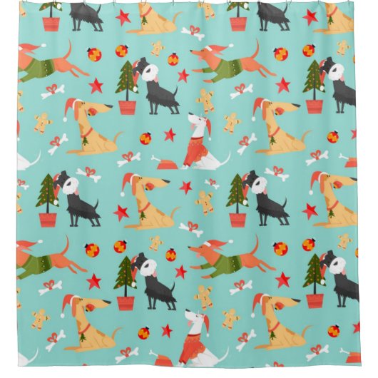 ハッピードッグスのクリスマスパターン シャワーカーテン (正面)