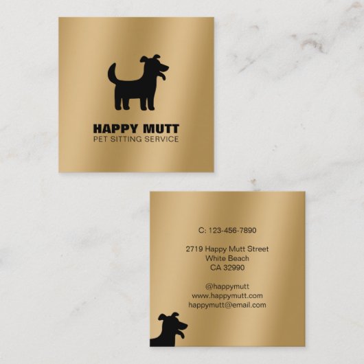 ハッピードッグロゴペットシッティング気にサービスフェイク金ゴールド スクエア名刺 (正面/裏面)