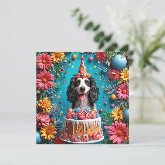 ハッピードッグ祝のケーキのカラフル誕生日 招待状 (スタンド正面)