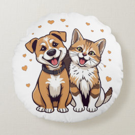 ハッピードッグ&キャットとハート ラウンドクッション