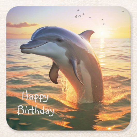 ハッピードルフィン誕生日 スクエアペーパーコースター (正面)