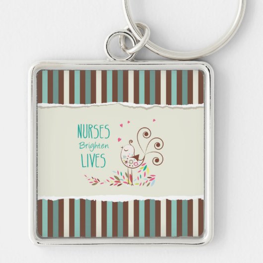 ハッピーナースデー、かわいい鳥オンストライプズ キーホルダー (正面)