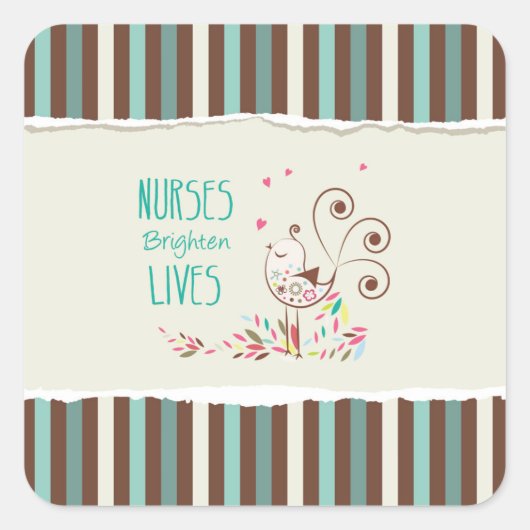ハッピーナースデー、かわいい鳥オンストライプズ スクエアシール (正面)