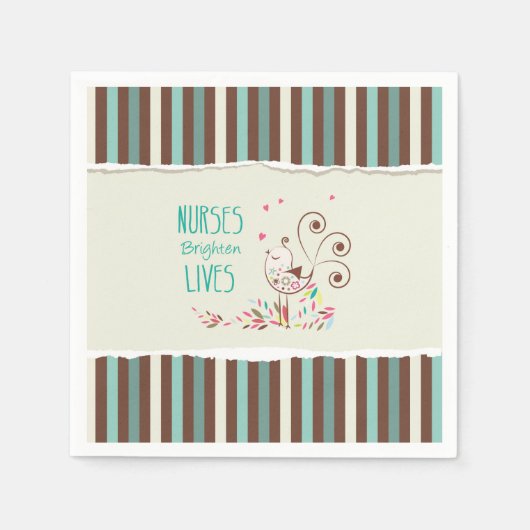 ハッピーナースデー、かわいい鳥オンストライプズ スタンダードカクテルナプキン (正面)