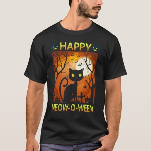 ハッピーニャーNハロウィーンのコスチューム黒猫怖いH Tシャツ (正面)