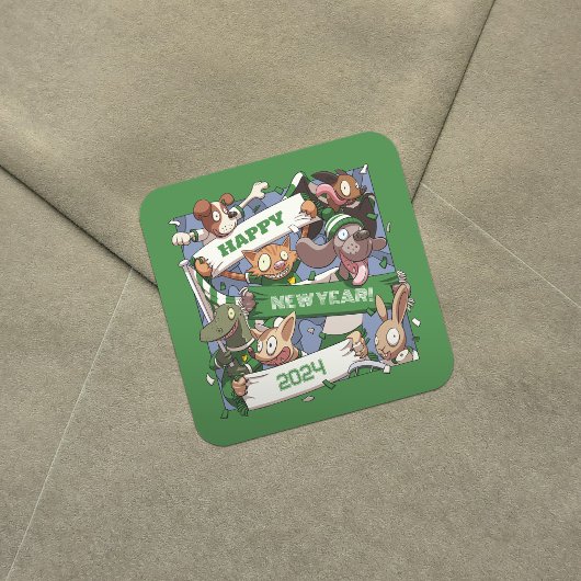 ハッピーニューイヤーおもしろい動物ファンのスカーフ漫画 スクエアシール