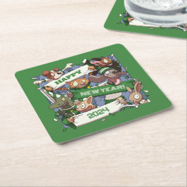 ハッピーニューイヤーおもしろい動物ファンのスカーフ漫画 スクエアペーパーコースター