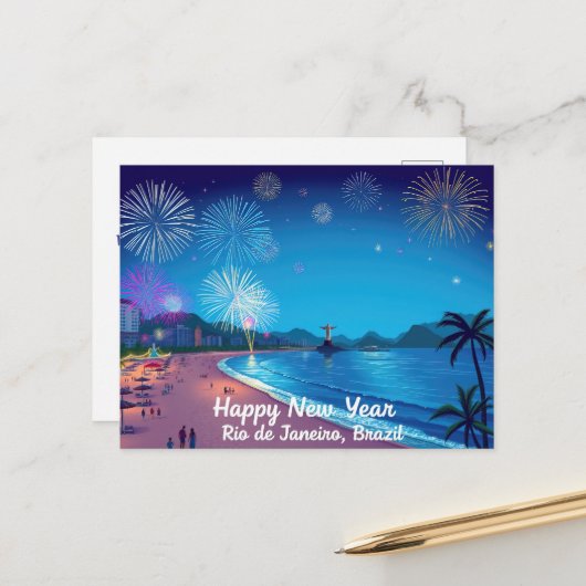 ハッピーニューイヤーお祝いインRio de Janeiro ポストカード (正面/裏面インサイチュ)