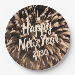 ハッピーニューイヤーお祝い花火金ゴールド写真 ペーパープレート