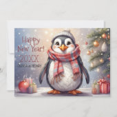 ハッピーニューイヤーかわいいペンギンフラットホリデーカード シーズンカード (正面)
