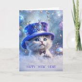 ハッピーニューイヤーかわいい白い子猫ビッグハットファンシー カード (正面)
