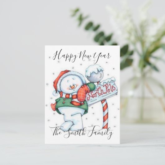 ハッピーニューイヤーかわいい雪だるま シーズンポストカード (スタンド正面)