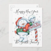 ハッピーニューイヤーかわいい雪だるま シーズンポストカード (正面/裏面)