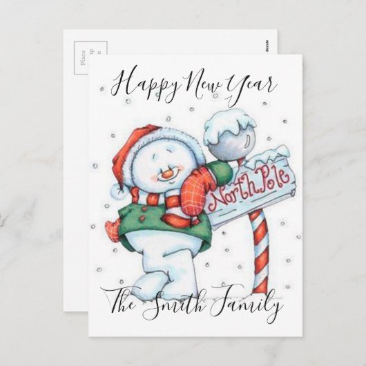 ハッピーニューイヤーかわいい雪だるま シーズンポストカード (正面/裏面)