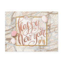 ハッピーニューイヤーのシャンパン、風船、紙吹雪