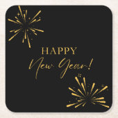 ハッピーニューイヤーのミニマルな花火ブラック スクエアペーパーコースター (正面)