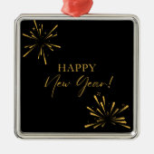 ハッピーニューイヤーのミニマルな花火ブラック メタルオーナメント (正面)