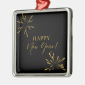 ハッピーニューイヤーのミニマルな花火ブラック メタルオーナメント (左)