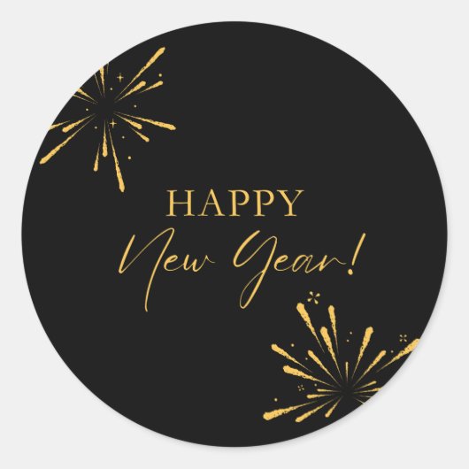 ハッピーニューイヤーのミニマルな花火ブラック ラウンドシール (正面)
