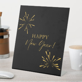 ハッピーニューイヤーのミニマルな花火ブラック 台座サイン