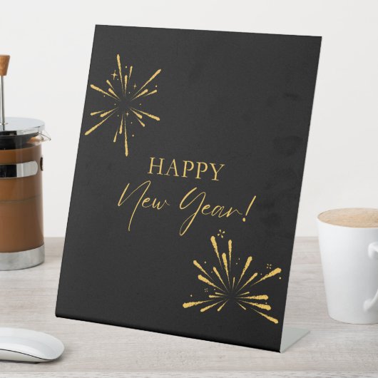 ハッピーニューイヤーのミニマルな花火ブラック 台座サイン (インサイチュ)