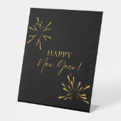 ハッピーニューイヤーのミニマルな花火ブラック 台座サイン (正面)