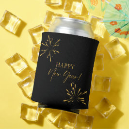 ハッピーニューイヤーのミニマルな花火ブラック 缶クーラー