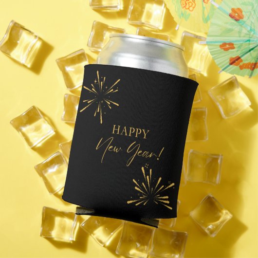 ハッピーニューイヤーのミニマルな花火ブラック 缶クーラー (インサイチュ 夏)