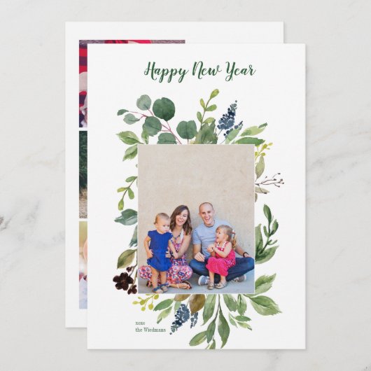 ハッピーニューイヤーの緑のモダンホリデーカード シーズンカード (正面/裏面)