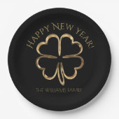 ハッピーニューイヤーまたはあなたのテキスト四葉クローバー ペーパープレート (正面)