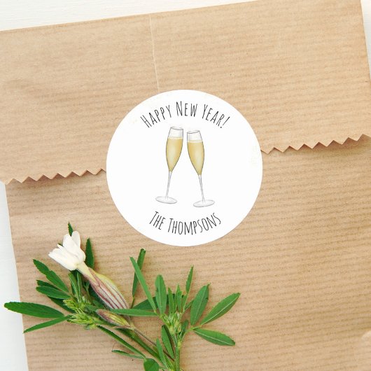 ハッピーニューイヤーウォーターカラーシャンパンキュートおもしろい ラウンドシール