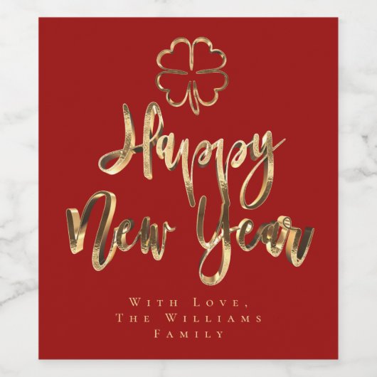 ハッピーニューイヤーエレガントクローバーフェイク金ゴールドシック赤 ワインラベル (シングルラベル)