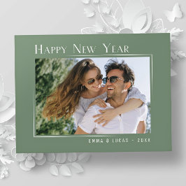 ハッピーニューイヤーエレガントシンプルセージ緑の写真 シーズンポストカード