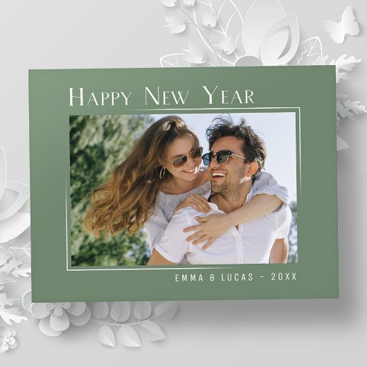 ハッピーニューイヤーエレガントシンプルセージ緑の写真 シーズンポストカード