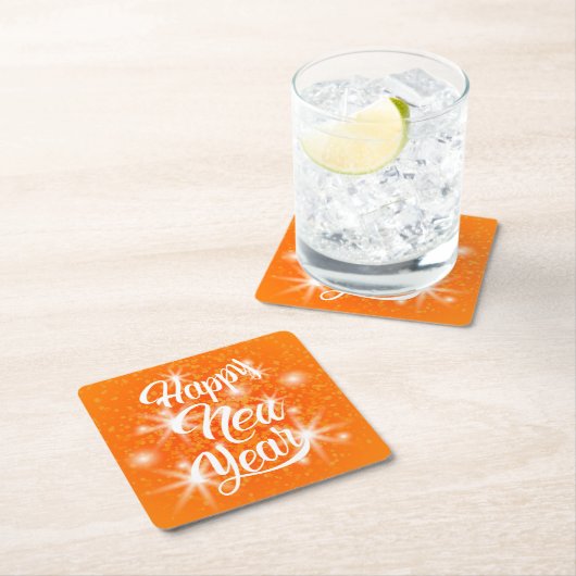 ハッピーニューイヤーオレンジ色の水彩(ばちゃばちゃ)跳ねる スクエアペーパーコースター (インサイチュ)
