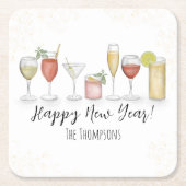 ハッピーニューイヤーカクテルドリンクウォーターカラーパーティー スクエアペーパーコースター (正面)