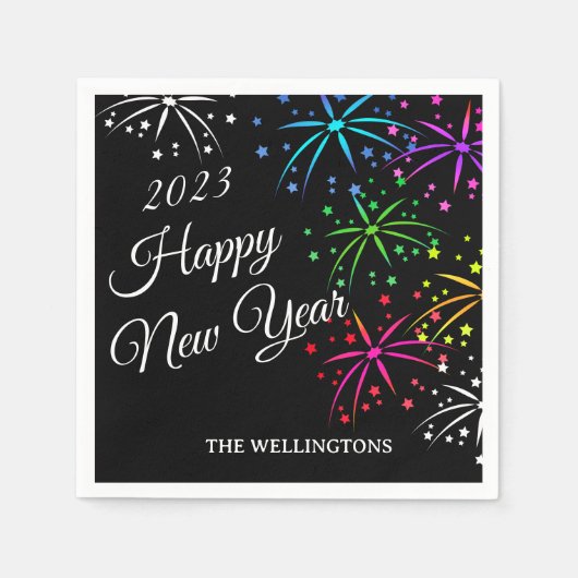ハッピーニューイヤーカラフル花火台詞マグネット スタンダードカクテルナプキン (正面)