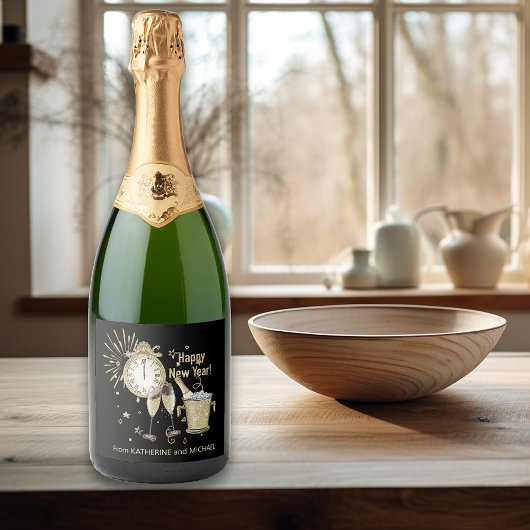 ハッピーニューイヤーギフトカスタム金ゴールドグリッター スパークリングワインラベル