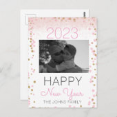 ハッピーニューイヤーグリッターピンクフォト紙吹雪 ポストカード (正面/裏面)