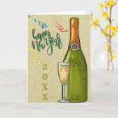 ハッピーニューイヤーシャンパン金ゴールドグリッター カード (黄色い花)