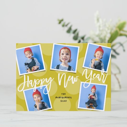 ハッピーニューイヤーシンプルブラシスクリプト5枚モダン写真 シーズンカード (スタンド正面)
