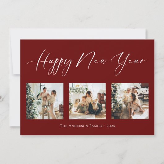 ハッピーニューイヤースクリプト赤数々の写真コラージュホリ シーズンカード (正面)