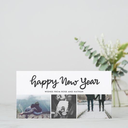 ハッピーニューイヤースクリプト3枚のフォトコラージュモダン シーズンカード (スタンド正面)