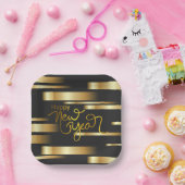 ハッピーニューイヤーストライプの金ゴールド ペーパープレート (パーティー)