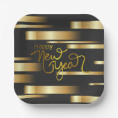 ハッピーニューイヤーストライプの金ゴールド ペーパープレート (正面)